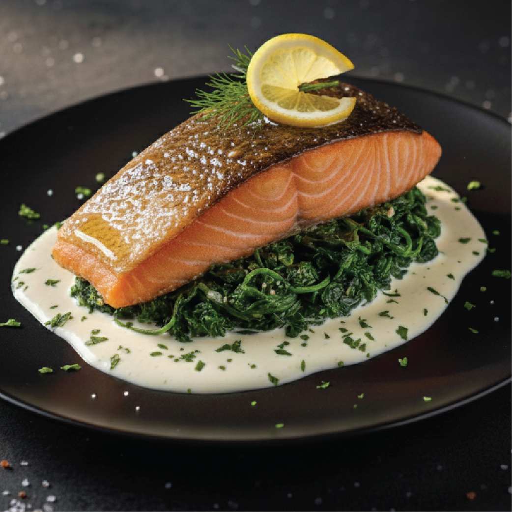 Grilled Salmon with Spinach and White Wine Cream Sauce